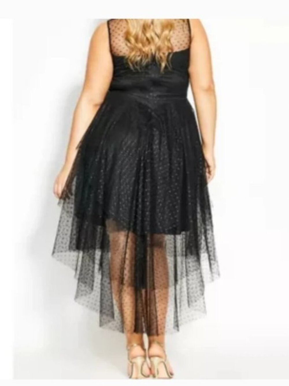 City Chic Brand Women's size 18 Bardot Dress Black Polka Dota Maxi Mesh High Low - Picture 2 of 6